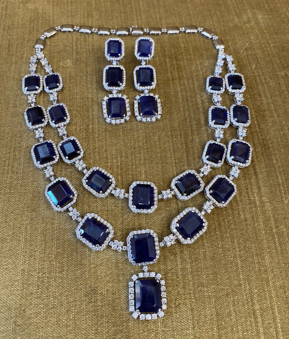 Sapphire and Diamond Necklace and Earring Suite in 18k White Gold (1 of 1)