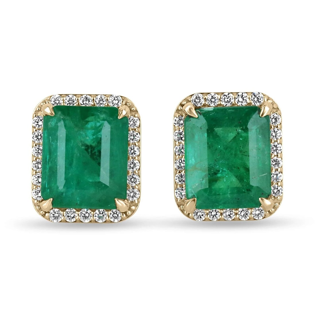 8.40tcw Natural Lush Green Emerald & Diamond Halo Stud Earrings Gold 14K: 8.40tcw Natural Lush Green Emerald & Diamond Halo Stud Earrings Gold 14K