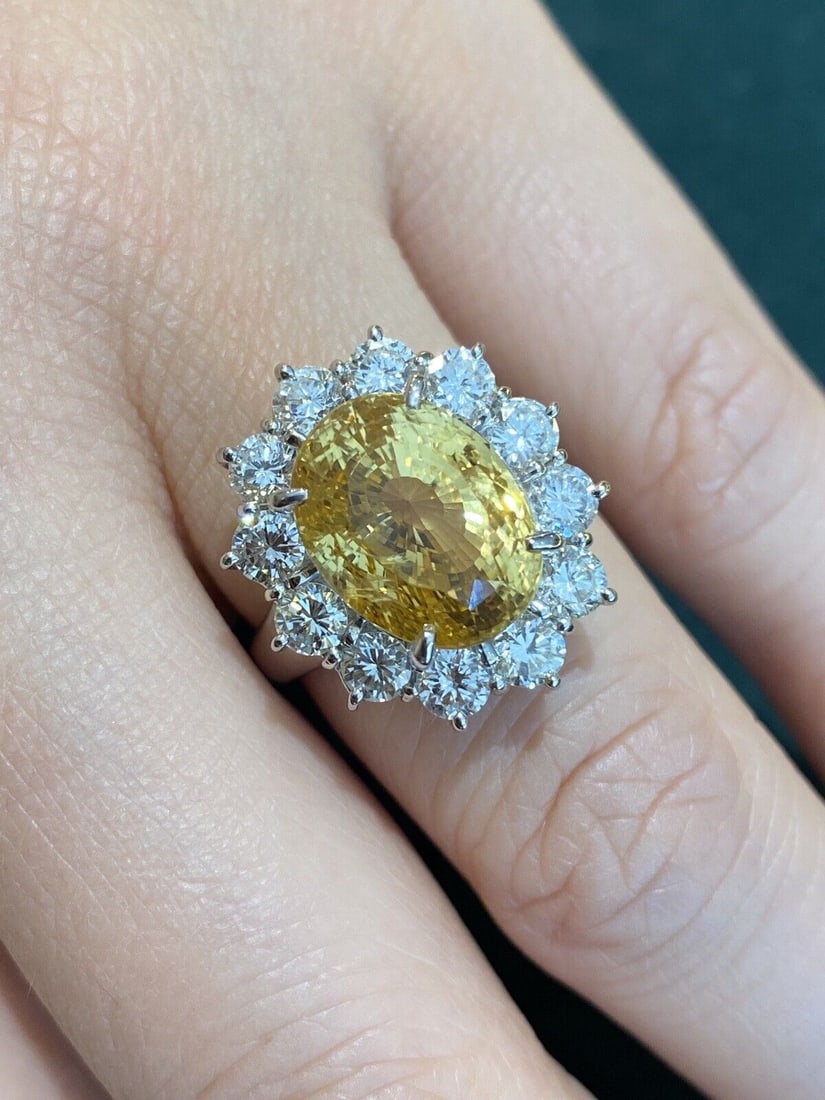 Gia Unheated Yellow Sapphire 9.97 Ct And Diamond Ring In Platinum