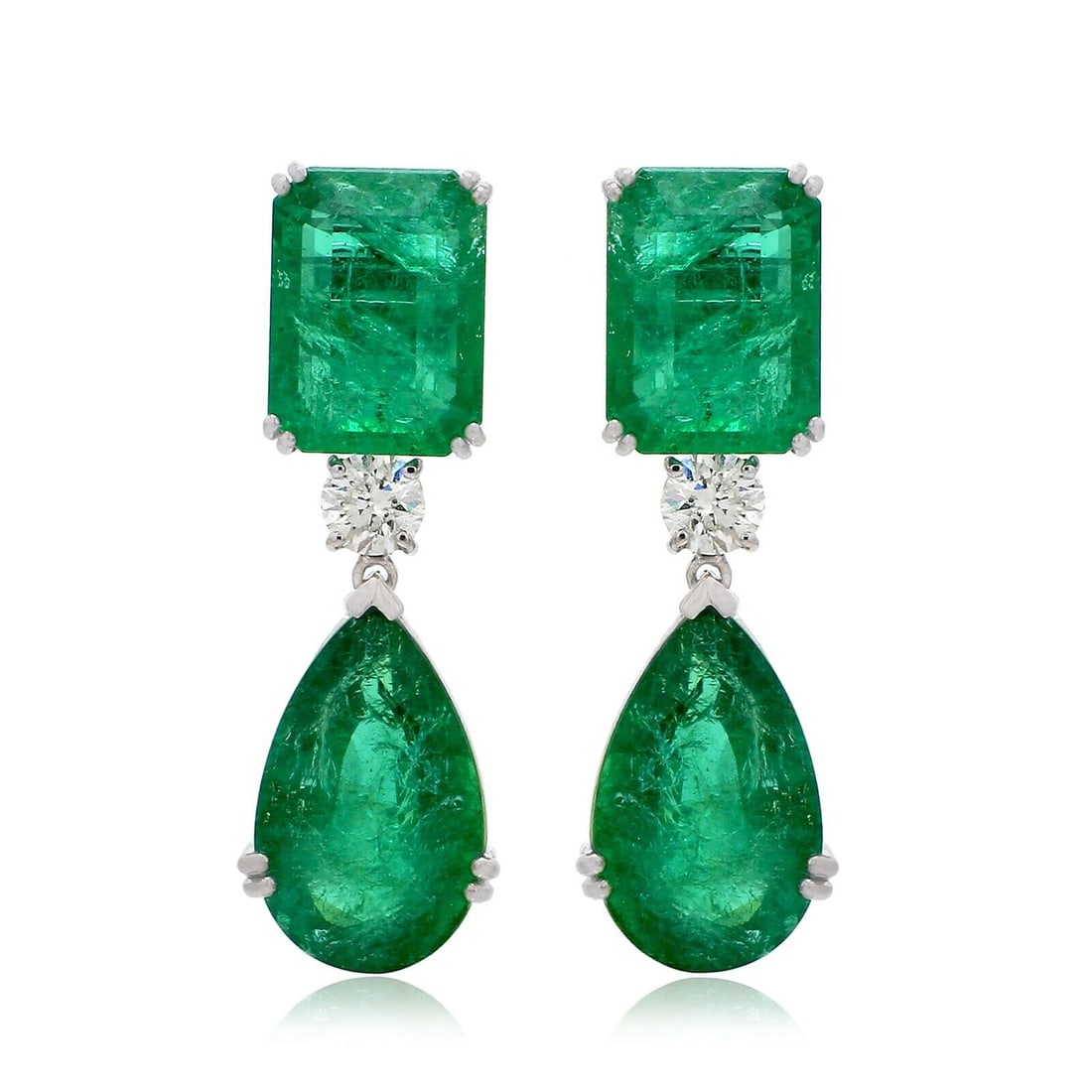 Zambian Emerald SI/H Diamond Dangle Earrings 18k White Gold Jewelry 32.40 Tcw (1 of 1)
