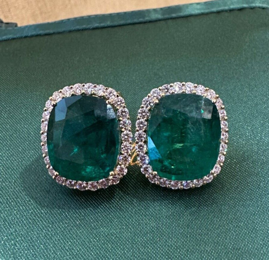AGL 29.15 cts Cushion Emerald Halo Diamond Earrings 18k Yellow Gold (1 of 1)