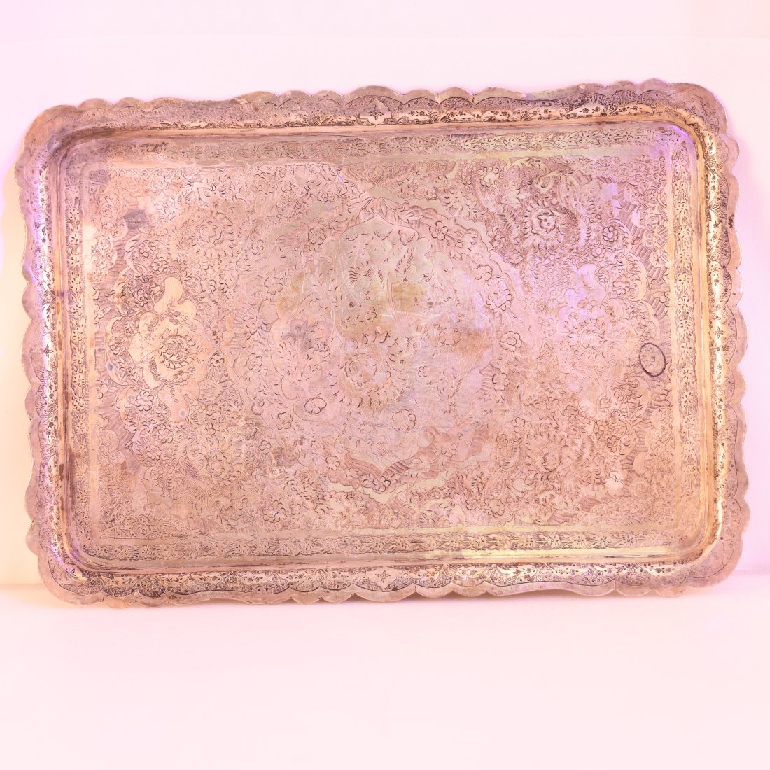 Vintage Hand Made 784.9 grams Persian 84 Silver Sterling: This exquisite vintage Hand Made 784.9 grams Vintage Persian 84 Silver Sterling serving tray features intricate floral and scrollwork engravings, showcasing exceptional craftsmanship and elegant desig