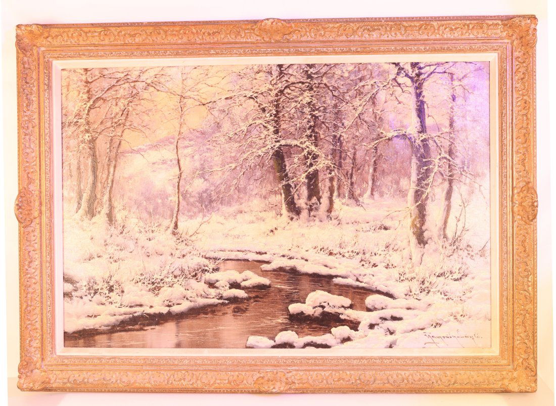 Laszlo Neogrady Oil Painting - Winter Snow Scene: Experience the serene beauty of winter with this exquisite oil painting by renowned artist Laszlo Neogrady. This captivating artwork portrays a tranquil snowy landscape, where bare trees stand majesti
