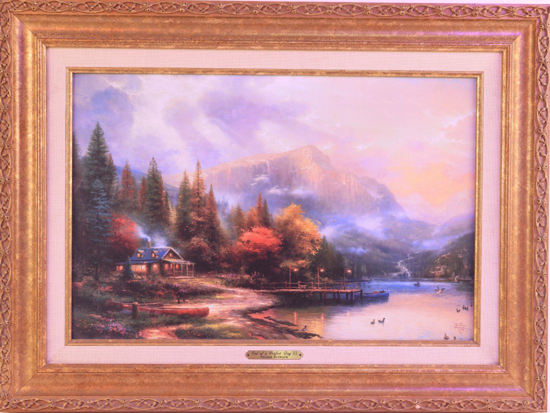 Thomas Kinkade Limited Edition "End of a Perfect Day III": Presenting a limited edition lithograph by the renowned artist Thomas Kinkade, titled "End of a Perfect Day III." This exquisite artwork captures the serene beauty of a lakeside cabin at sunset, surro