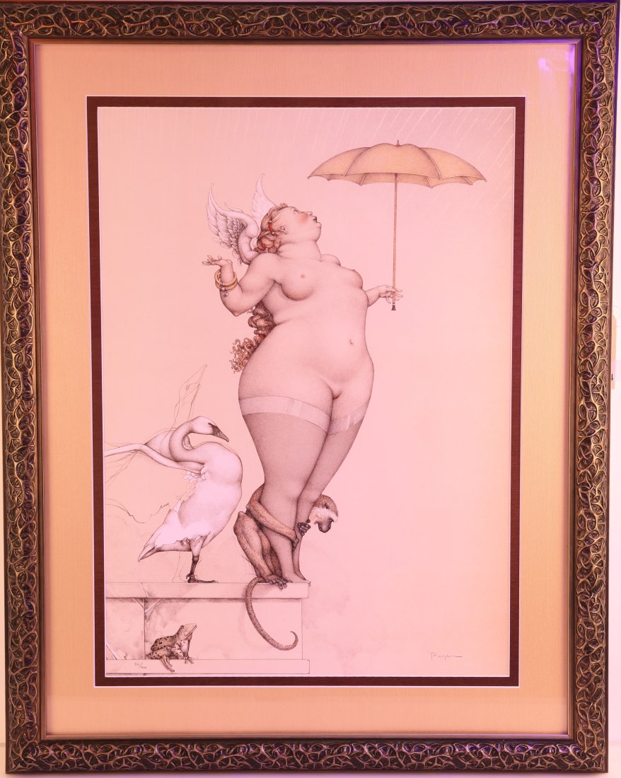 Michael Parkes Lithograph "Rain" - Framed Art Print: Presenting a captivating lithograph by renowned artist Michael Parkes, titled "Rain." This exquisite piece of art features a whimsical scene with a cherubic figure holding an umbrella, accompanied by
