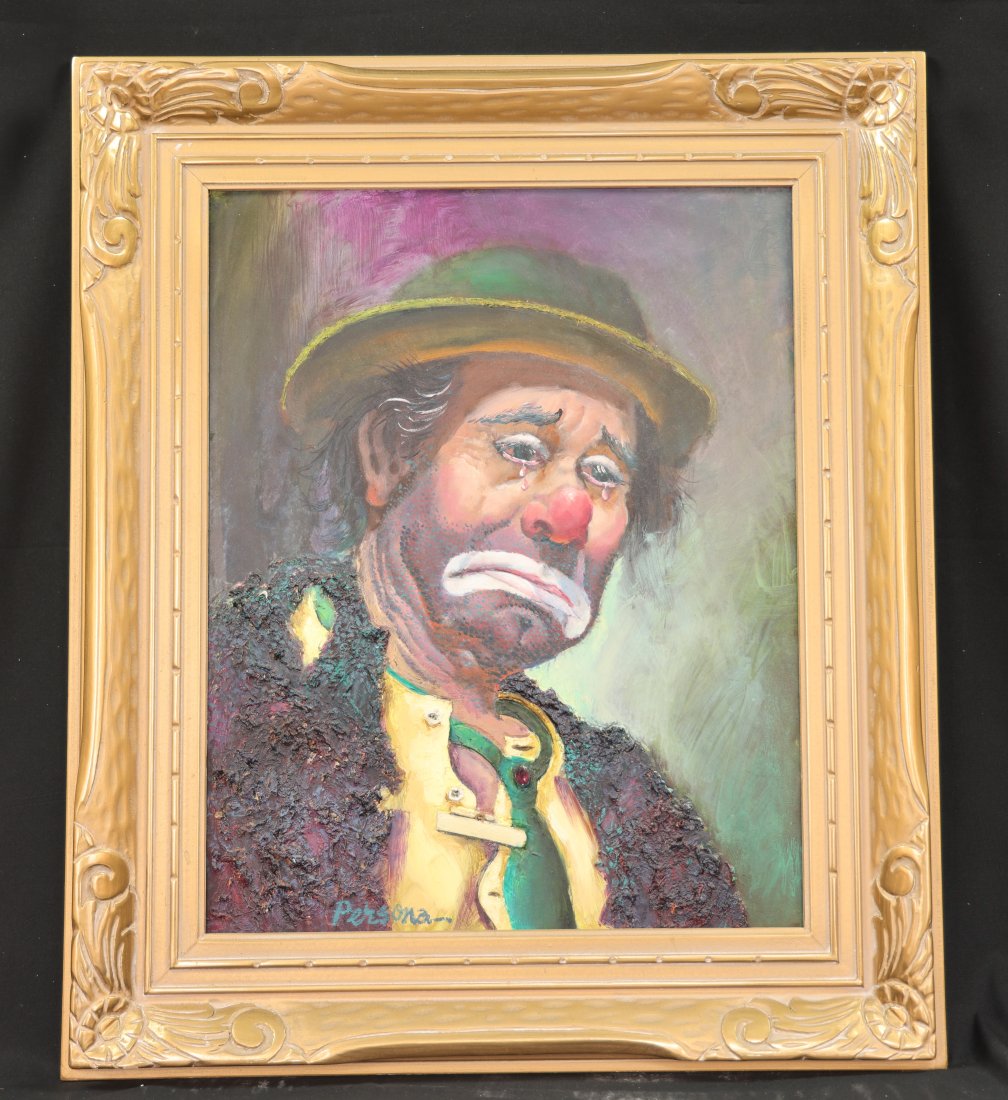 Sad Clown Painting by Persona - Framed Oil on Canvas: Presenting a captivating and poignant piece, this antique painting by the renowned artist Persona features a sorrowful clown, a character imbued with emotion and depth. The meticulous brushstrokes and