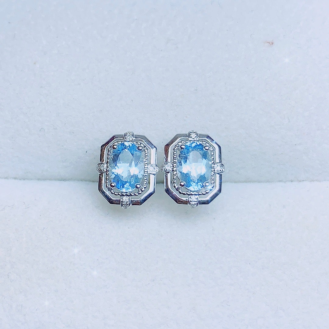 14K GOLD 1.25 CT VIVID BLUE NATURAL AQUAMARINE & DIAMOND EARRINGS (1 of 6)