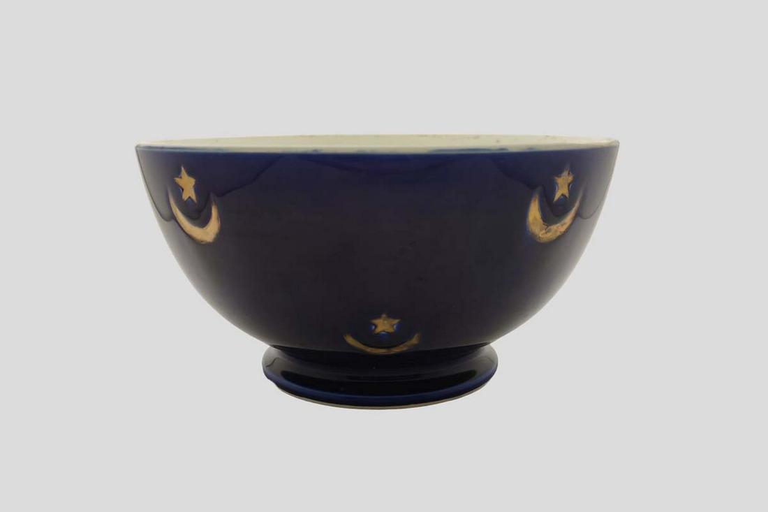 ANTIQUE FRENCH BOWL ISLAMIC STYLE PATTERN IN BLUE: The crescent and star navy blue French porcelain bowl.Very lovely and rare antique French cafe au lait bowl, small size, light beige base and blue stenciled decoration depicting an islamic pattern in