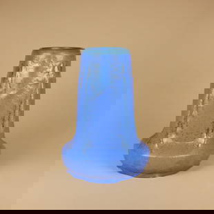 Fulper Pottery Matte Blue Buttress Vase: Fulper Pottery buttressed vase with curdled matte blue glaze. Flemington, NJ. Circa 1917. Marked with oval ink stamp. 8.5" x 6". This lot ships from our Pennsylvania location.