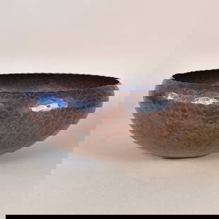 Harry Dixon Arts & Crafts Copper Bowl: Harry Dixon copper bowl, San Francisco circa 1920. A large hammered copper bowl with strong planishing marks and a perfect original reddish brown patina, one small area of discoloration. Signed with