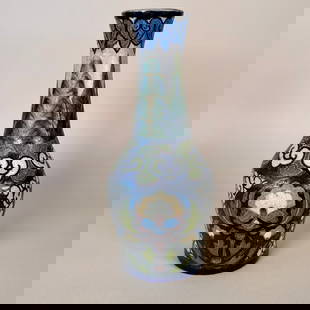 Dutch Art Nouveau Pottery Vase: Dutch Art Nouveau stoneware vase circa 1905. A heavy stoneware vase with a thick overlay hand painted glaze. Signed with an unknown mark. Measures 11" tall. This ships from our California location.