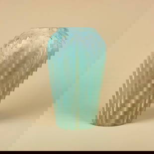 Hampshire Pottery Vase with Experimantal Glaze: Hampshire Pottery arts and crafts vase with experimental cucumber matte green and brown glaze over molded leaves. Marked under base with impressed Hampshire Pottery, M within O, 33 and glaze formula