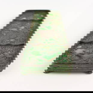 Tiffany Studios Grapevine Overlay Pen Tray: Tiffany Studios bronze pen tray with grapevine overlay pattern over green and white slag glass. Excellent original patina with incredible color and finish. Original glass in perfect condition. Marked