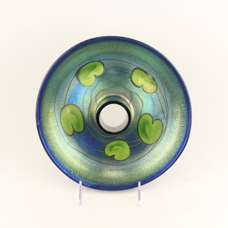 Tiffany Favrile Glass Blue Centerpiece Bowl: Tiffany Favrile Glass centerpiece flower bowl with green lily pad decoration to interior against a vivid iridescent blue ground. Signed and numbered under base with etched "L.C. Tiffany - Favrile" & "