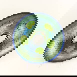 Tiffany Favrile Glass Blue Centerpiece Bowl: Tiffany Favrile Glass centerpiece flower bowl with green lily pad decoration to interior against a vivid iridescent blue ground. Signed and numbered under base with etched "L.C. Tiffany - Favrile" &