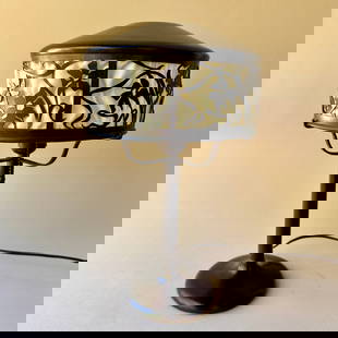 Heintz Art Metal Arts & Crafts Bronze Silver Lamp: Heintz Art Metal tall lamp, Buffalo NY circa 1912. A fine tall bronze lamp with a weighted base, slender shaft rising to support three arms which hold a floral pierced bronze shade. This lamp is near