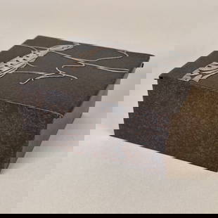 Heintz Art Metal Arts & Crafts Peacock Box: Heintz Art Metal box, Buffalo NY circa 1912. Box with a sterling silver resting peacock overlay on lid. Interior with original cedar lining, excellent patina. measures 4.5” by 3.5” and