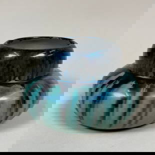 Early Fulper Squat Vase: Very nice drip glaze. Signed with rectangular mark. C 1909-1917. No damage or repairs. 6 1/2" x 4". This item will ship from our Michigan location.