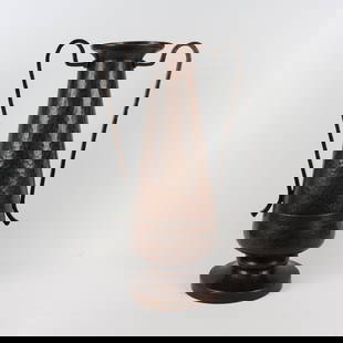 Turchin Co. 2-Handled Hammered Copper Vase: Large Turchin Co. large arts and crafts hammered copper two-handled reverse-tapered vase with flared weighted foot. Unmarked. New York, NY. Circa 1910. 17.25" x 9.25". This lot ships from our