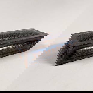 Hammered Copper Arts & Crafts Trinket Box c1915: Nicely hammered copper box. Lid is removable. Unmarked, with new patina. Reminiscent of work done by the Forest Craft Guild. 7" x 3 1/2" x 2" This item will ship from our Michigan location.