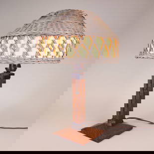 Gustav Stickley Oak & Copper Lamp, Model 503: Gustav Stickley quartersawn oak and hammered copper lamp, model 503, with later appropriate Japanese wicker and silk clip-on shade. Hubbell socket with original acorn pull chain. Unmarked. Syracuse,