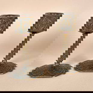 Tiffany Studios Zodiac Candlesticks: Tiffany Studios Zodiac Candlesticks, New York circa 1910. A rare pair of bronze candlesticks in the Zodiac pattern, original bobeches, mint patina and finish. Signed on bottom. Measure 5.75" tall