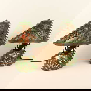 Pair of Heintz Art Metal Poppy Boudoir Lamps: Pair, Heintz Art Metal Shops poppy boudoir lamps in bronze with sterling silver overlay and original matching cutout shades. These are a true pair, and were discovered together in an old New York