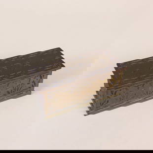 Robert Jarvie, Elmslie Brass AMPA Stamp Box: Robert Riddle Jarvie heavy brass stamp box designed by George Grant Elmslie for the American Meat Packers Association. Marked under base with impressed "Made By Robert Jarvie, Union Stockyards,