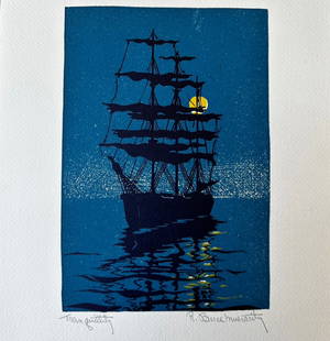 Robert Bruce Inverarity Arts & Crafts Color Woodblock: Robert Bruce Inverarity "Tranquility" color woodblock, Seattle WA circa 1932. Mint condition original color woodblock print, never framed or hung. This image depicts a moonlit scene of a tall ship,