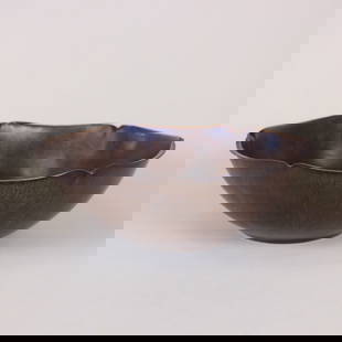 Harry Dixon Copper Centerpiece Bowl: Harry St. John Dixon hammered copper centerpiece, or fruit bowl with crimped rim and unusual veiny planishing. Signed with impressed shop mark. San Francisco, CA. 10" x 3.5". This lot ships from