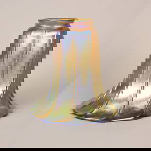 Large Stueben Gold Aurene Glass Shade: Steuben Glass Works, large gold Aurene morning glory ribbed art glass shade with strong iridescence. Unmarked. 5.5" x 5.5". Fitter size 2 1/4". Circa 1910. This lot ships from our Pennsylvania