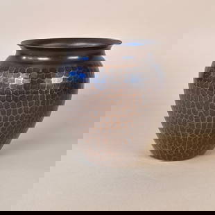 Roycroft Copper Arts & Crafts Vase: Roycroft Copper Shop copper vase, East Aurora NY circa 1915. A finely hammered copper vase with the middle mark with a new reddish brown patina. Measures 5.25” tall and 5” wide. 