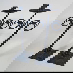 Arden Craft Arts & Crafts Iron Candlesticks: Extremely rare work from this Deleware community that orignated in 1900. Both signed with impressed mark "Arden Craft". Expertly hand formed iron candlesticks in original condition. c1910. 11" x 4".