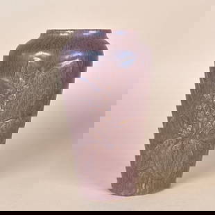 Arequipa Pottery Arts & Crafts Vase: Arequipa Pottery vase, Marin County CA circa 1918. A mottled purple glazed vase, hand carved flower rising up the body. One small depression at rim in making and glazed over, excellent condition. 