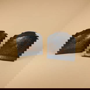 Early Crafrsman Studios Grapevine Bookends: Pair, Early Craftsman Studios Bookends in hammered copper with acid-etched and repousse grapevine motif. Each signed with impressed Craftsman Studios conjoined "CS" shop mark. Los Angeles, CA. Circa