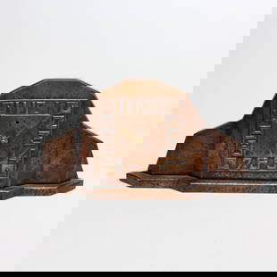 Hammered Copper Mantle Clock: Arts and crafts hammered copper mantle clock with Art-Deco styled case and repousse Arabic dial. Original movement replaced with modern quartz movement. Unmarked. CIrca 1920's. 12.75" x 5.75" x 3.5".