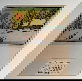 Elizabeth Colwell (1881-1961) Arts & Crafts Color Woodblock: Elizabeth Colwell (1881-1961) color woodblock & calendar, Chicago circa 1940. A well listed artist who wrote a book on block printing and worked under the WPA in the 1930s, this woodblock featured a