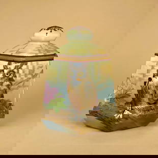 Nippon Hand-Painted Owl Humidor: Nippon porcelain six-sided lidded jar, or humidor with hand-painted owl against a scenic forest landscape in polychrome. Lid decorated with a moriage floral design to top. No damage or repairs.