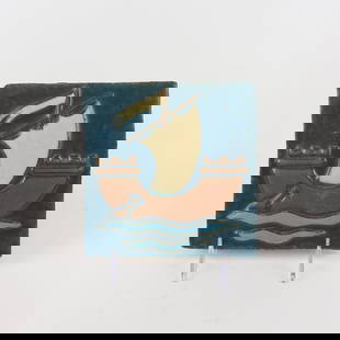 Mosaic Tile Co. Viking Ship Tile: Mosaic Tile Co. arts and crafts tile with viking ship in high relief. Matte glazes in blue, brown and cream. Incised mark on back with original paper label. Zanesville, OH. Circa 1920. 6" x 6". 