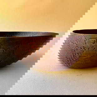 Leonide Lavaron Copper Arts & Crafts Bowl: Leonide Lavaron Copper Arts & Crafts Bowl, Chicago circa 1904. A rare hammered and acid etched copper bowl from this early Chicago artistan. The exterior decorated with etched fields of poppies,