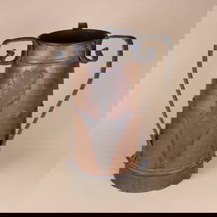 Stickley Bros. Russian 3-Handled Vase: Russian three-handled hammered copper and brass vase with applied stylized flowers. This form was likely imported and retailed by Stickley Brothers in Grand Rapids, Michigan, and appears on numerous