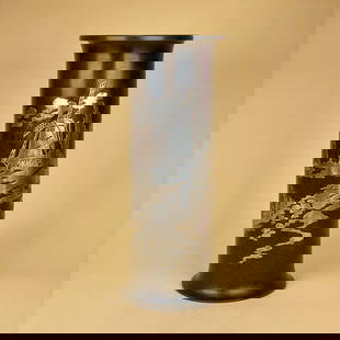 Large Early Heintz Art Metal Windmill Vase: Heintz Art Metal Shops large double flared bronze cylinder vase with sterling silver overlay windmill design. From the personal collection of Don Marek. Marked under base with impressed "Pat.Apd.For"