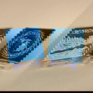 Pewabic Pottery Tiles; Detroit: Signed Pewabic pottery tiles. One dated 1987, the other 2006. 4" x 4". This item will ship from our Michigan location.