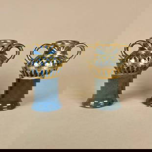 Peter Behrens (attr.) Pair of Art Nouveau Vases: Pair, Peter Behrens (attributed) German art nouveau stoneware 2-handled vases with gilt copper overlay. Green and blue glazes decorated with stylized dogwood flowers and secessionist motif.