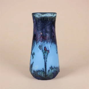 E.T. Hurley, Rookwood Pottery Decorated Vase: Edward T. Hurley, Rookwood Pottery decorated vase with flowers. Dark blues, purples, greens and yellows on a light blue ground matte glaze. Cincinnati, OH. Circa 1921. Impressed under base with RP