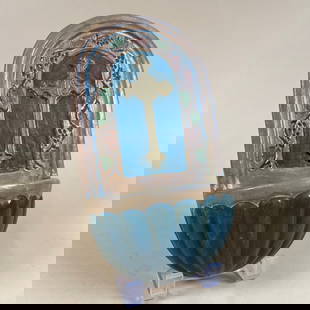 Rare Marblehead Holy Water Font: Exceptionally rare signed Marblehead Font. 6 color decoration. Original condition with no damage or repairs. 8 1/2" tall x 5" wide. This item will ship from our Michigan location.