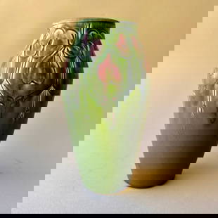 Rookwood Pottery vase by Rose Fechheimer 1905: Rookwood Pottery vase by Rose Fechheimer, Cincinnati OH dated 1905. An early Arts & Crafts hand carved matte glaze vase with bleeding hearts encircling the shoulder in green and mauve tones. Marked