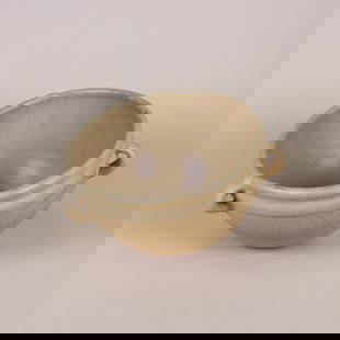 Marblehead Pottery Large Hanging Basket: Marblehead Pottery large hanging planter basket. Speckled mustard yellow/brown matte glaze. Unmarked. Marblehead, MA. Circa 1910s. 8" x 4.75". This lot ships from our Pennsylvania location.