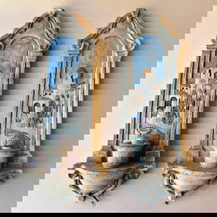 Claycraft Pottery Sconces: Claycraft Pottery pair of sconces, Los Angeles circa 1924. Tall pottery sconces, back plates decorated with glazed spanish missions in various colors. Still retains original mini sockets and old