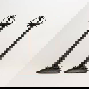 Buffalo Arts & Crafts Copper Strapwork Candlesticks: Pair, Buffalo arts and crafts hammered copper riveted strapwork candlesticks. Original plaster weighted bases with green felt completely intact. Unmarked. Buffalo, NY. Circa 1920's. 8.75" x 3.5". 